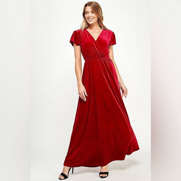 Velvet Maxi Dress Flutter Sleeve Formal V Neck Long Gown Red NWT - Picture 1 of 8